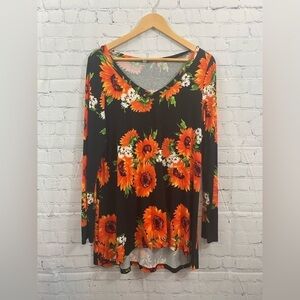 Womens Size Large Long Sleeve V-Neck Black Stretchy Tunic Bold Orange Floral
